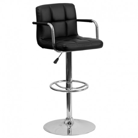 MFO Contemporary Black Quilted Vinyl Adjustable Height Bar Stool with Arms and Chrome Base