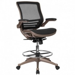 MFO Mid-Back Transparent Black Mesh Drafting Chair with Melrose Gold Frame and Flip-Up Arms