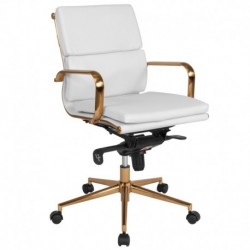 MFO Mid-Back White Leather Executive Swivel Office Chair with Gold Frame, Synchro-Tilt & Arms