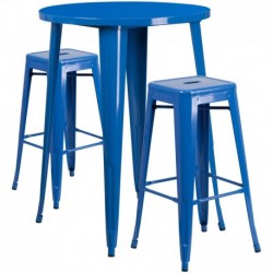 MFO 30'' Round Blue Metal Indoor-Outdoor Bar Table Set with 2 Square Seat Backless Stools
