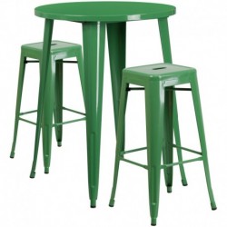MFO 30'' Round Green Metal Indoor-Outdoor Bar Table Set with 2 Square Seat Backless Stools