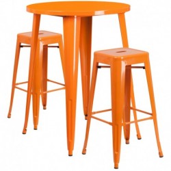 MFO 30'' Round Orange Metal Indoor-Outdoor Bar Table Set with 2 Square Seat Backless Stools