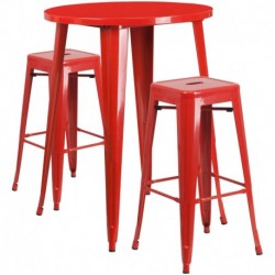 MFO 30'' Round Red Metal Indoor-Outdoor Bar Table Set with 2 Square Seat Backless Stools