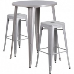 MFO 30'' Round Silver Metal Indoor-Outdoor Bar Table Set with 2 Square Seat Backless Stools