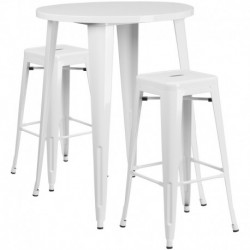 MFO 30'' Round White Metal Indoor-Outdoor Bar Table Set with 2 Square Seat Backless Stools
