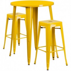MFO 30'' Round Yellow Metal Indoor-Outdoor Bar Table Set with 2 Square Seat Backless Stools