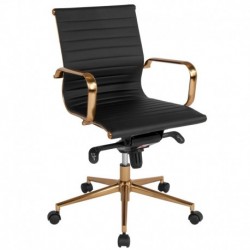 MFO Mid-Back Black Ribbed Leather Executive Swivel Office Chair with Gold Frame, Knee-Tilt & Arms