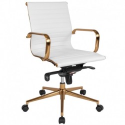MFO Mid-Back White Ribbed Leather Executive Swivel Office Chair with Gold Frame, Knee-Tilt & Arms