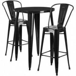 MFO 30'' Round Black Metal Indoor-Outdoor Bar Table Set with 2 Cafe Stools