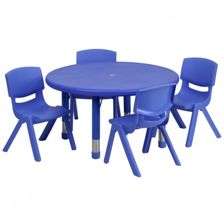 MFO 33'' Round Adjustable Blue Plastic Activity Table Set with 4 School Stack Chairs