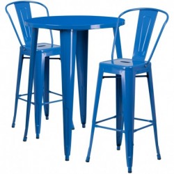MFO 30'' Round Blue Metal Indoor-Outdoor Bar Table Set with 2 Cafe Stools