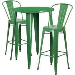 MFO 30'' Round Green Metal Indoor-Outdoor Bar Table Set with 2 Cafe Stools