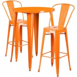 MFO 30'' Round Orange Metal Indoor-Outdoor Bar Table Set with 2 Cafe Stools