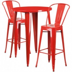 MFO 30'' Round Red Metal Indoor-Outdoor Bar Table Set with 2 Cafe Stools