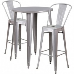 MFO 30'' Round Silver Metal Indoor-Outdoor Bar Table Set with 2 Cafe Stools
