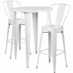 MFO 30'' Round White Metal Indoor-Outdoor Bar Table Set with 2 Cafe Stools
