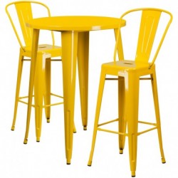 MFO 30'' Round Yellow Metal Indoor-Outdoor Bar Table Set with 2 Cafe Stools