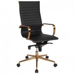 MFO High Back Black Ribbed Leather Executive Swivel Office Chair with Gold Frame, Knee-Tilt & Arms