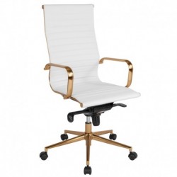 MFO High Back White Ribbed Leather Executive Swivel Office Chair with Gold Frame, Knee-Tilt & Arms
