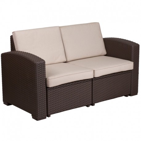 MFO Chocolate Brown Faux Rattan Loveseat with All-Weather Beige Cushions