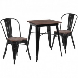 MFO 23.5" Square Black Metal Table Set with Wood Top and 2 Stack Chairs