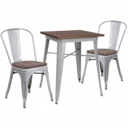 MFO 23.5" Square Silver Metal Table Set with Wood Top and 2 Stack Chairs