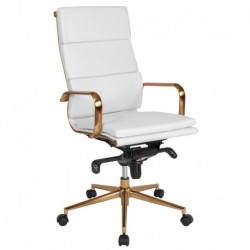 MFO High Back White Leather Executive Swivel Office Chair with Gold Frame, Synchro-Tilt & Arms