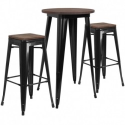 MFO 24" Round Black Metal Bar Table Set with Wood Top and 2 Backless Stools