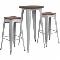 MFO 24" Round Silver Metal Bar Table Set with Wood Top and 2 Backless Stools