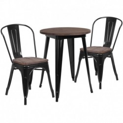 MFO 24" Round Black Metal Table Set with Wood Top and 2 Stack Chairs