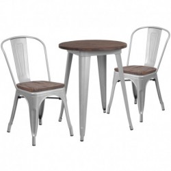 MFO 24" Round Silver Metal Table Set with Wood Top and 2 Stack Chairs