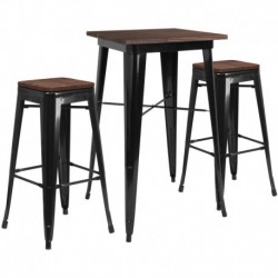 MFO 23.5" Square Black Metal Bar Table Set with Wood Top and 2 Backless Stools