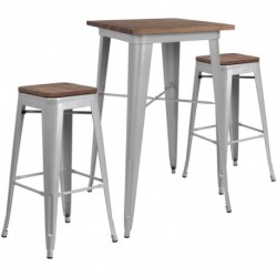 MFO 23.5" Square Silver Metal Bar Table Set with Wood Top and 2 Backless Stools