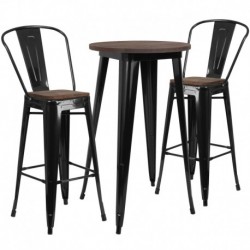MFO 24" Round Black Metal Bar Table Set with Wood Top and 2 Stools