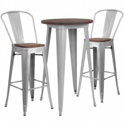 MFO 24" Round Silver Metal Bar Table Set with Wood Top and 2 Stools