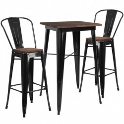 MFO 23.5" Square Black Metal Bar Table Set with Wood Top and 2 Stools