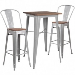MFO 23.5" Square Silver Metal Bar Table Set with Wood Top and 2 Stools