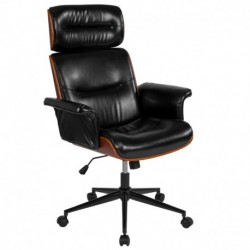 MFO Contemporary Black Leather High Back Walnut Wood Executive Swivel Ergonomic Office Chair