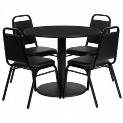 MFO 36'' Round Black Laminate Table Set with Round Base and 4 Black Trapezoidal Back Banquet Chairs