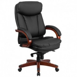 MFO High Back Black Leather Executive Ergonomic Office Chair, Synchro-Tilt, Mahogany Wood