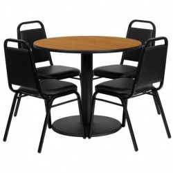 MFO 36'' Round Natural Laminate Table Set with Round Base & 4 Black Trapezoidal Back Banquet Chairs