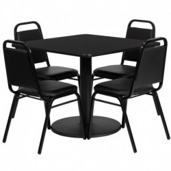 MFO 36'' Square Black Laminate Table Set with Round Base and 4 Black Trapezoidal Back Banquet Chairs