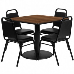 MFO 36'' Square Walnut Laminate Table Set with Round Base & 4 Black Trapezoidal Back Banquet Chairs