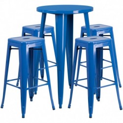 MFO 24'' Round Blue Metal Indoor-Outdoor Bar Table Set with 4 Square Seat Backless Stools
