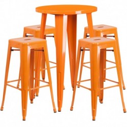MFO 24'' Round Orange Metal Indoor-Outdoor Bar Table Set with 4 Square Seat Backless Stools