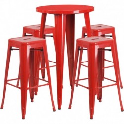 MFO 24'' Round Red Metal Indoor-Outdoor Bar Table Set with 4 Square Seat Backless Stools