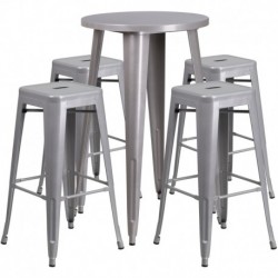 MFO 24'' Round Silver Metal Indoor-Outdoor Bar Table Set with 4 Square Seat Backless Stools