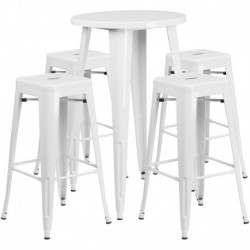 MFO 24'' Round White Metal Indoor-Outdoor Bar Table Set with 4 Square Seat Backless Stools