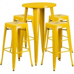 MFO 24'' Round Yellow Metal Indoor-Outdoor Bar Table Set with 4 Square Seat Backless Stools