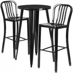 MFO 24'' Round Black Metal Indoor-Outdoor Bar Table Set with 2 Vertical Slat Back Stools